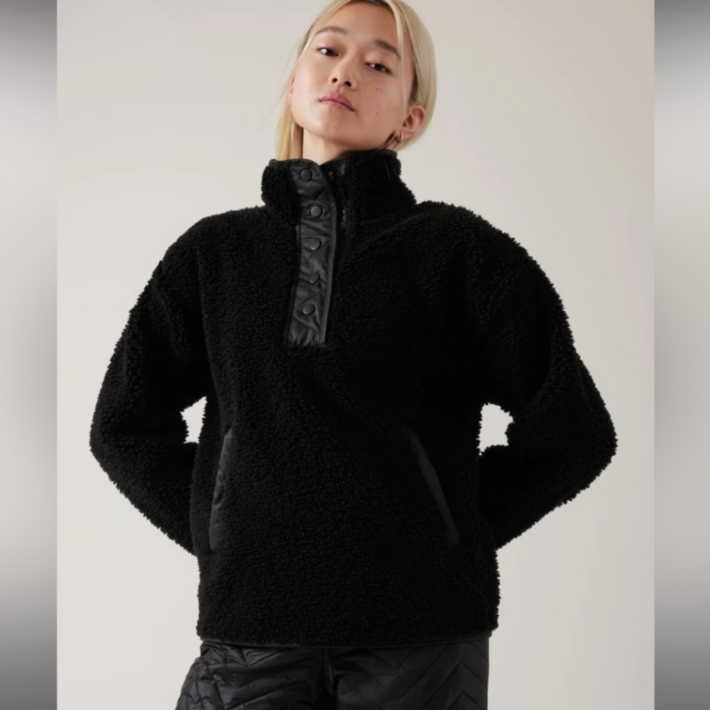 Athleta "Cozy Sherpa Snap Sweatshirt" Oversize Baggy Boxy Black Women's Size S - Picture 1 of 9